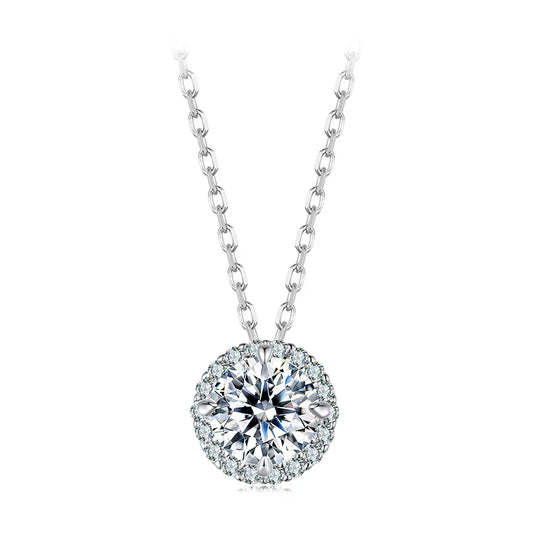 925 Sterling Silver Round Halo Moissanite Necklace, White Gold Plated Classic Elegant Necklace Engagement Jewellry Gift
