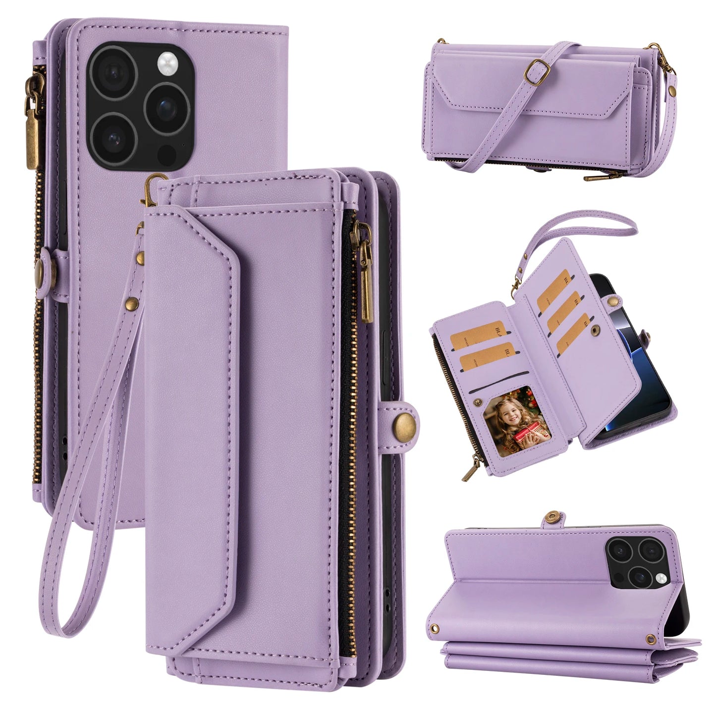 Multi-Card Slot Wallet-Style Phone Case (Long Strap + Short Strap) for iPhone 17/16/15/14/13/12/11 Pro Max Protective Set with Coin Pocket, Crossbody Strap, Anti-Drop Faux Leather Case