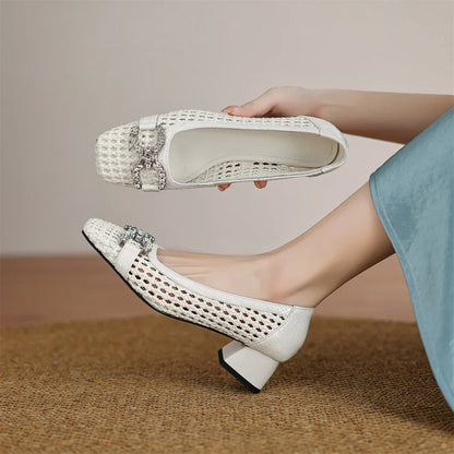 Women's genuine leather braided microfiber patchwork summer breathable pumps crystal buckle 4cm thick med heel daily dress shoes