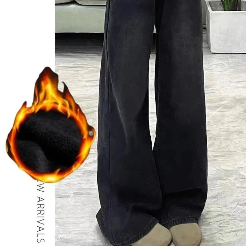 Womens Jeans Y2k Jeans Flared Trousers Black Gray Straight Leg Winter Warm Fleece Lined Loose Fit High Waist Wide Leg Fashion