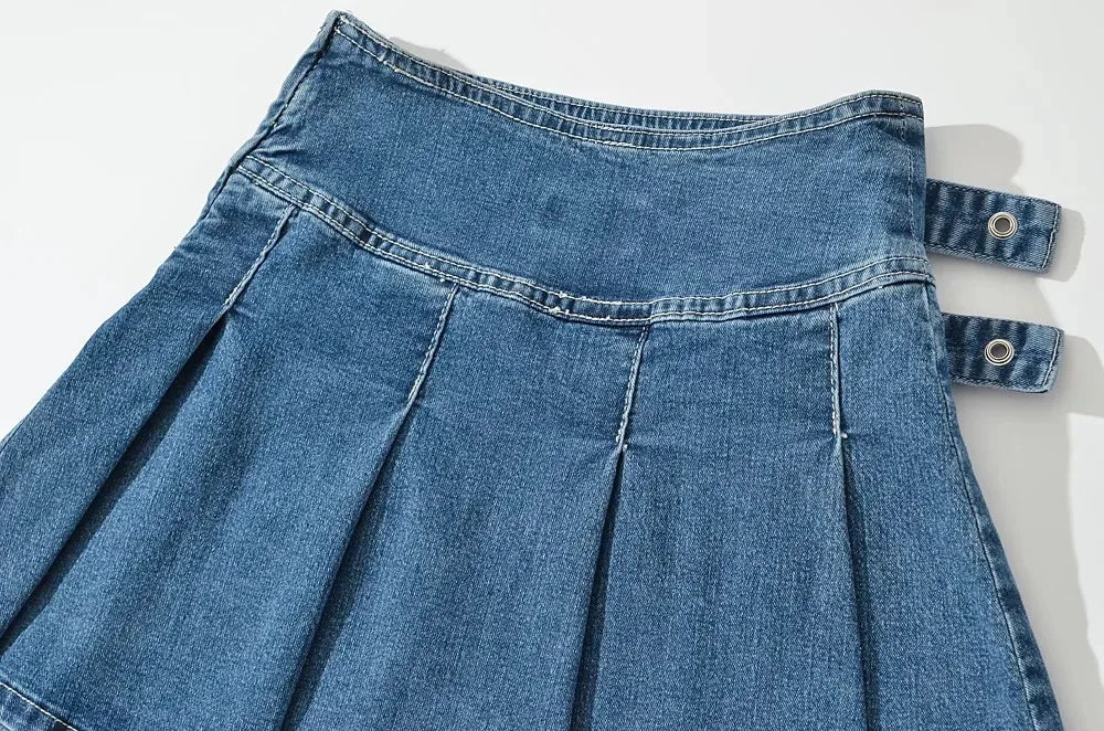 2025 Summer New TARUXY Denim Y2k Skirt with Pleats and Belt 90s E-girl Korean Skirts For Women High Street Jeans Short Bottom