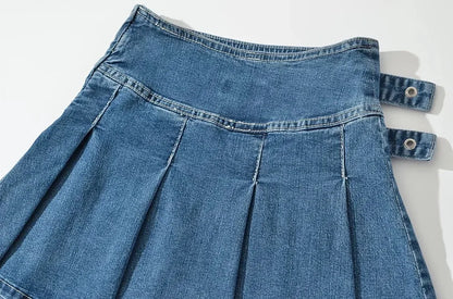 2025 Summer New TARUXY Denim Y2k Skirt with Pleats and Belt 90s E-girl Korean Skirts For Women High Street Jeans Short Bottom