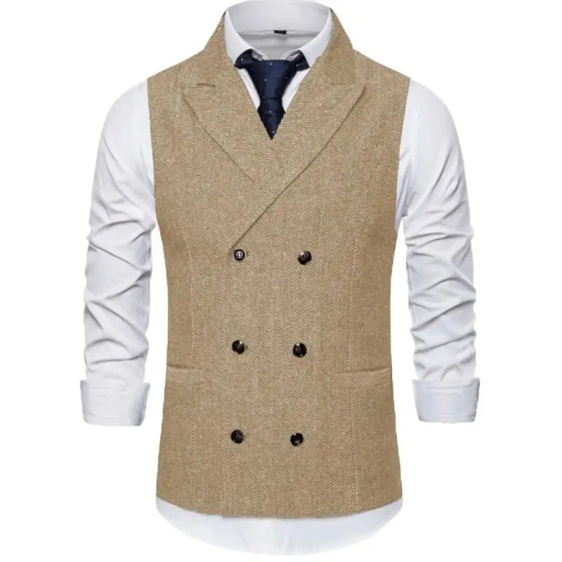 Men Vest Brown Herringbone Double Breasted Buckle Solid Business Casual Waistcoat Regular Slim Banquet Men Suit Vest