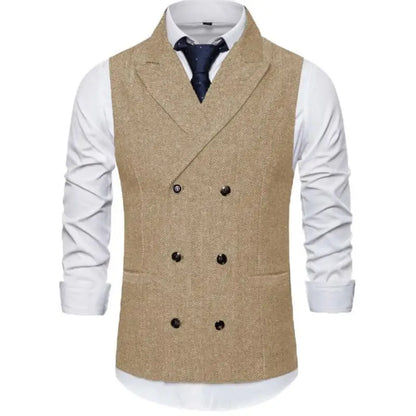Men Vest Brown Herringbone Double Breasted Buckle Solid Business Casual Waistcoat Regular Slim Banquet Men Suit Vest