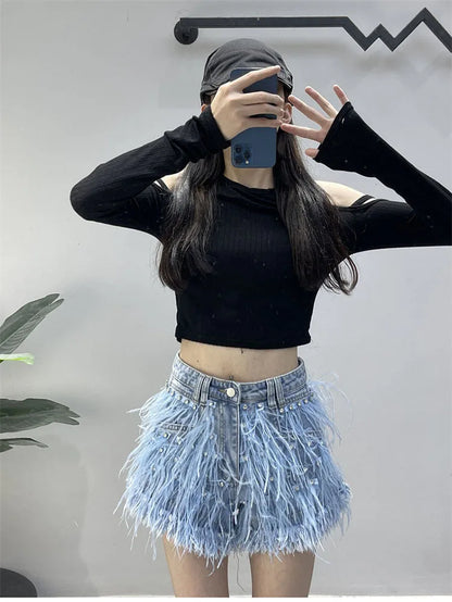 Summer Street Hot Girls Short Jeans Female Chic Feather Diamond Denim Shorts Women Retro Washed Hot Pants Sexy Night Club Shorts