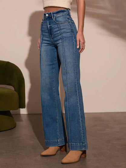 Autumn new women's dark blue high waist straight jeans slim fit wide leg version stretch denim fabric elegant intellectual jeans