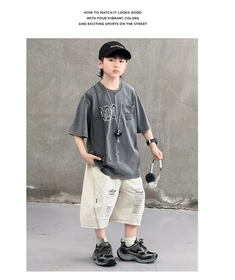 Cool Style Teenager Summer Set T-shirt And Ripped Denim Shorts Clothing Set for Kids Boy Age 7 To 14 Years Children Clothes Suit