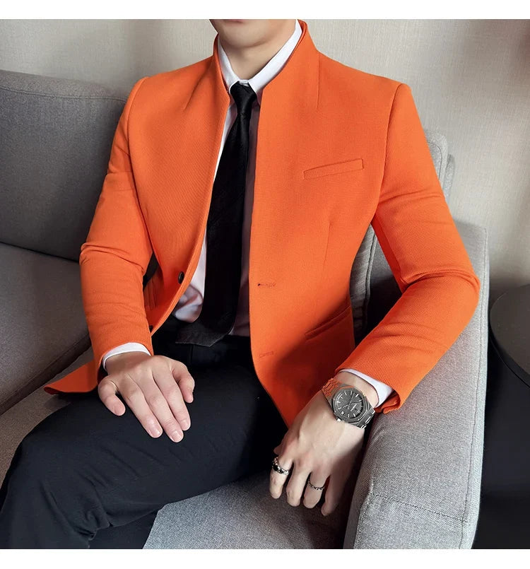 New Waffle Chinese Stand-Up Collar Blazers Men Slim Fit Business Casual Fashion Suits Jacket Formal Social Prom Party Tuxedos
