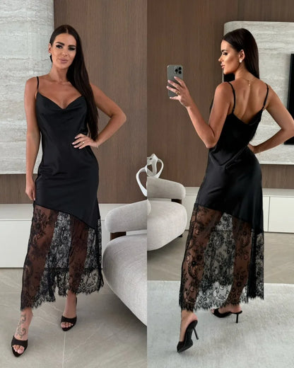 Trendix Hollow Out Lace Dress Women 2025 Winter Sexy V Neck Sleeveless Spaghetti Strap Dresses Party Club Elegant Evening Dress