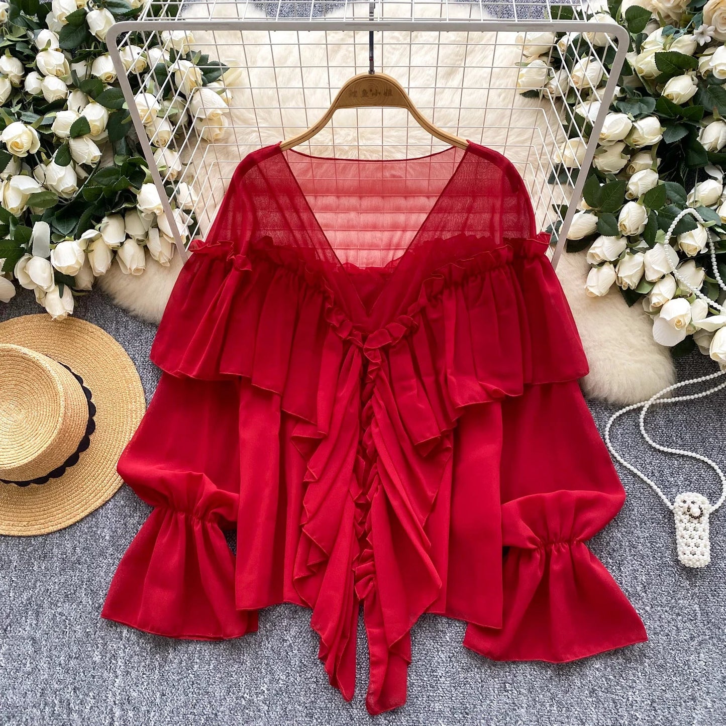 Chic Ruffles Splice Chiffon Blouse V Neck Flared Sleeve Loose Tops 2025 Fashion Solid Fairycore Vacation Women Shirt