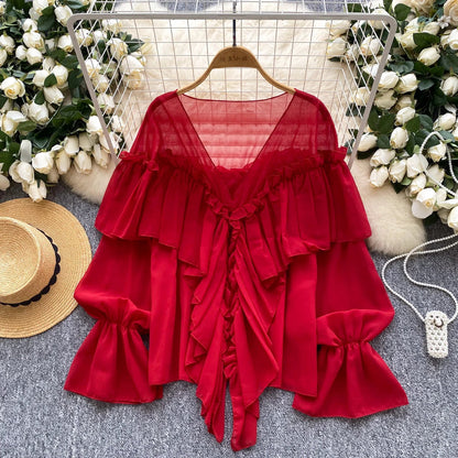Chic Ruffles Splice Chiffon Blouse V Neck Flared Sleeve Loose Tops 2025 Fashion Solid Fairycore Vacation Women Shirt