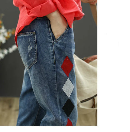 Summer Females Luxury Embroidery Jeans Womens Fashion Vintage Ripped Denim Trousers Loose Holes Elastic Harem Pants