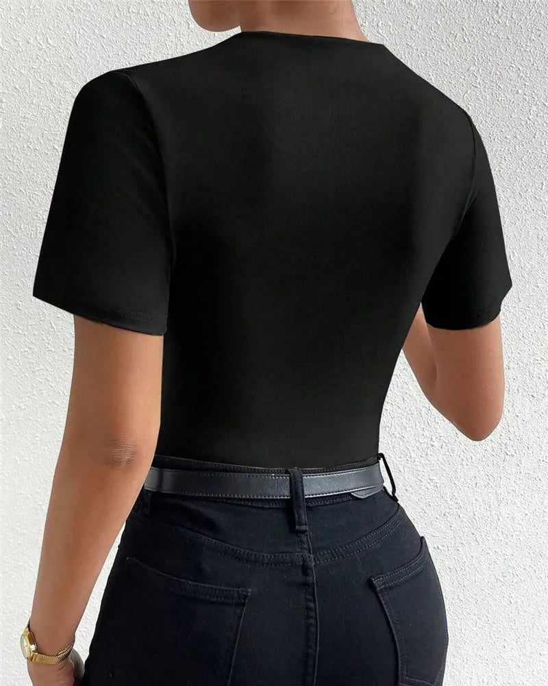 Luxury Europe and the United States Spring and Summer New Slim-fit Draw Pleated Short-sleeved Onesie Women's T-shirt