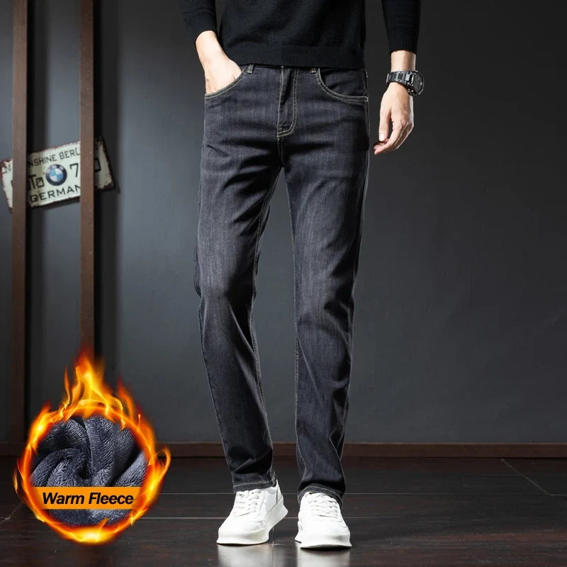 2025 Winter Fleece Jeans Men's Fashion Elastic Slim Straight Warm Trousers Thicken Business Casual Korean Thermal Denim Pants