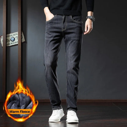2025 Winter Fleece Jeans Men's Fashion Elastic Slim Straight Warm Trousers Thicken Business Casual Korean Thermal Denim Pants