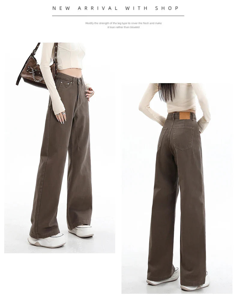 Baggy High Street Fashion Straight brown Jeans for Women's Y2k High Waist Female Clothing Solid Color Casual Wide Denim Trousers