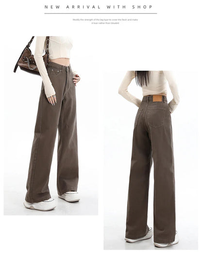 Baggy High Street Fashion Straight brown Jeans for Women's Y2k High Waist Female Clothing Solid Color Casual Wide Denim Trousers