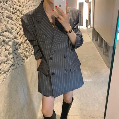 Ele Stripe Loose Faionable Suit Jaet with Belt Hong Kong Sle Retro Chic Top Women's Busin Casual Outerwear