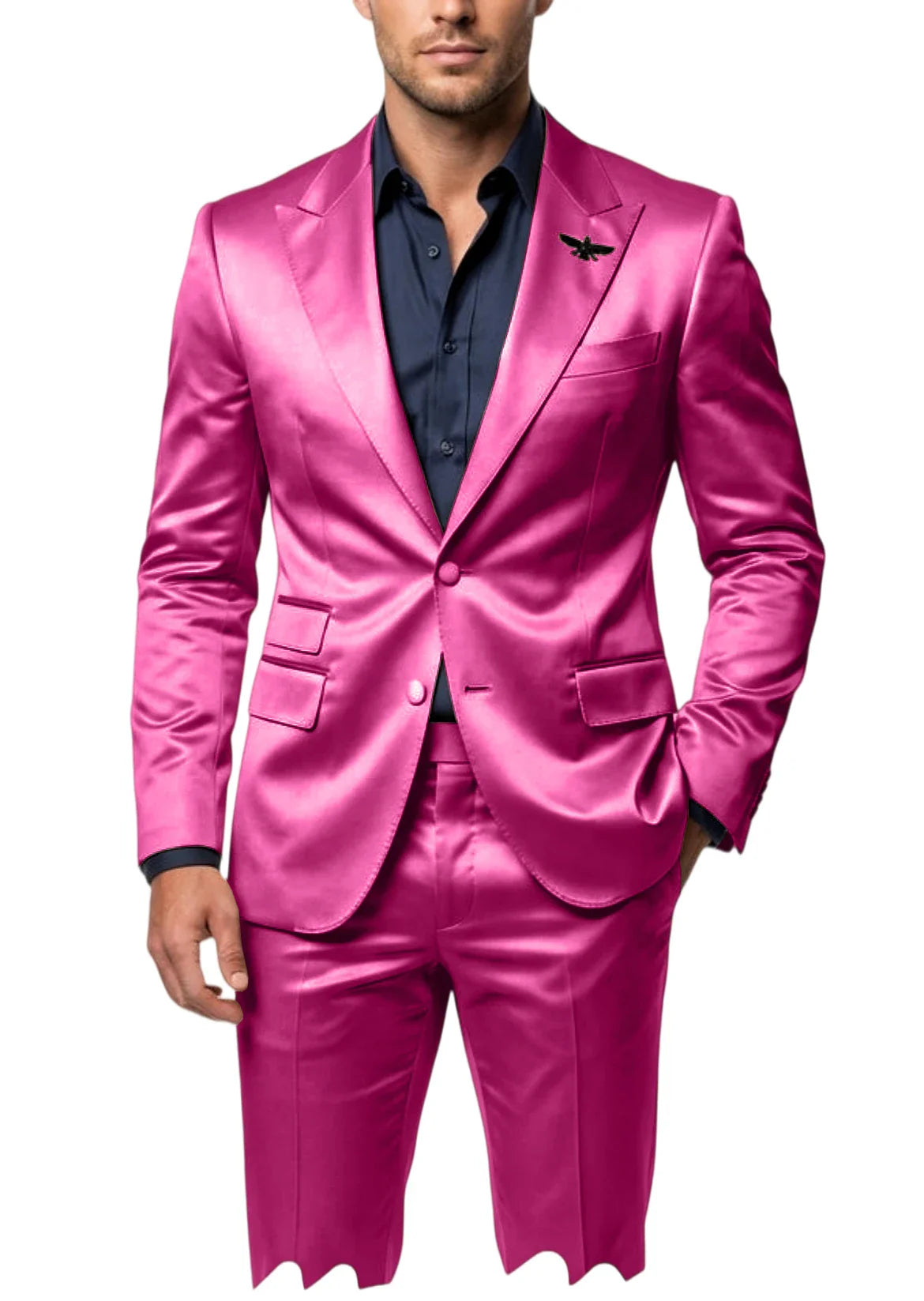 Men's Satin 2-Piece Suit Set Slim Fit Peak Lapel Tuxedo Blazer With Straight Leg Pants For Wedding Party Formal Wear