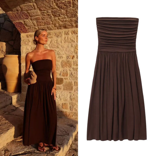 2025  women's new dress elegant sexy off-shoulder fashion pleats details slimming strapless dress