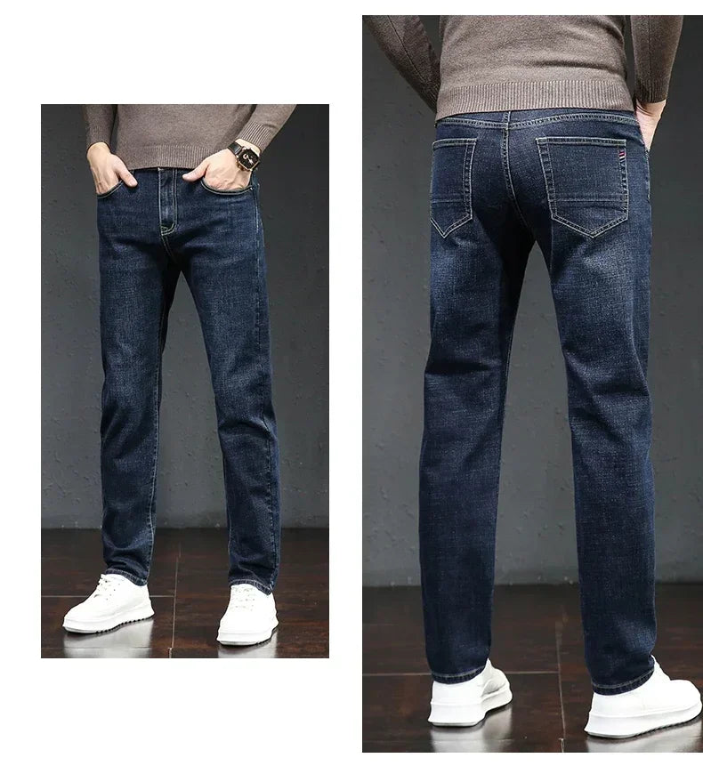 Winter Thickened Warm Male Plush Trousers Brand Clothes Men's Fleece Jeans Straight Slim Stretch Fashion Business Denim Pants