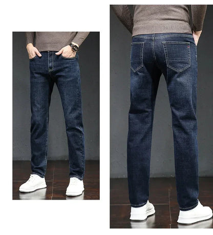 Winter Thickened Warm Male Plush Trousers Brand Clothes Men's Fleece Jeans Straight Slim Stretch Fashion Business Denim Pants