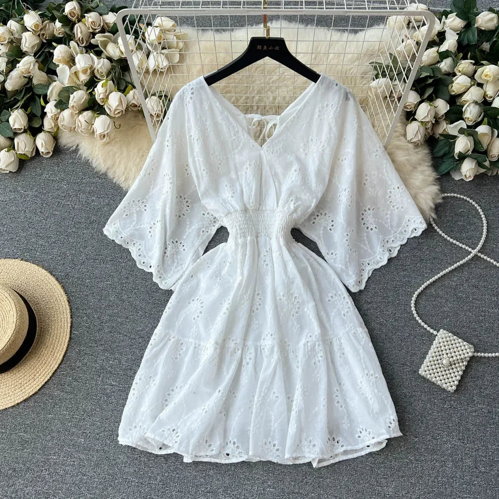 White/Purple/Blue V Neck Summer New Lace Embroidery Dress Women Short Sleeves Dresses Female Vintage Party Beach Midi Dresses