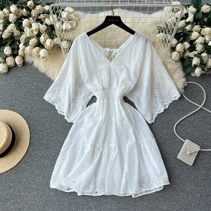 White/Purple/Blue V Neck Summer New Lace Embroidery Dress Women Short Sleeves Dresses Female Vintage Party Beach Midi Dresses