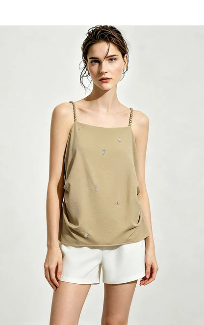 Women's Camisole 2026 Summer New Metal Detail Linen Blend Spaghetti Strap Loose Casual Sleeveless Tank Top Women 12642102