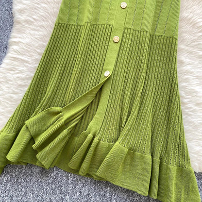 Brand Fashion Vintage Knitted Long Dress Spring Summer Women Elegant V-neck Ruffled Bodycon Sweater Dress Party Vestido