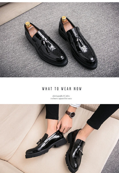 Fashion Golden Men's Casual Slip-On Tassel Patent Loafers Thick Bottom Elevator Shoes Men's Party Shoes Business Shoes Brogue