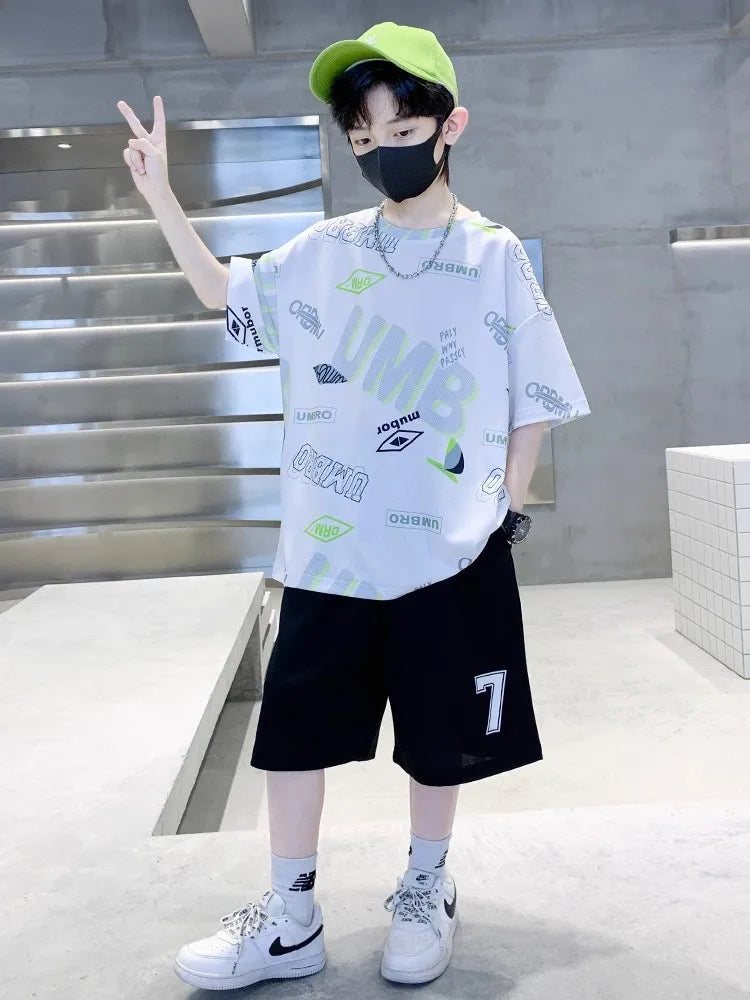 Summer Boys Alphabet Quick-dry T-Shirt Top+Shorts Pant Sportswear Set School Kids 2PCS Tracksuit Children Jersey Outfit 5-16 Yr
