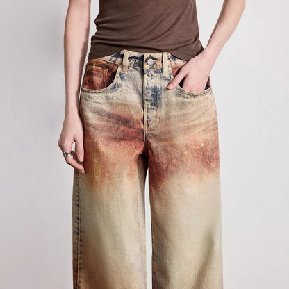Women Jeans 2026 Spring New Wilderness Wasteland Style Mid Low Waist Loose Printed Wide Leg Pants