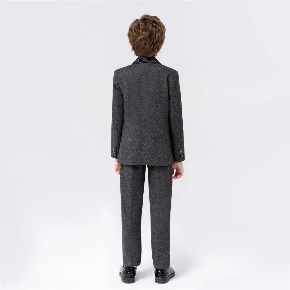 New Handsome Kids Suit Set 5 Pieces Blazer Vest Pants Bow-tie Brooch Classic Boys Suits For Piano Performance Birthday Party