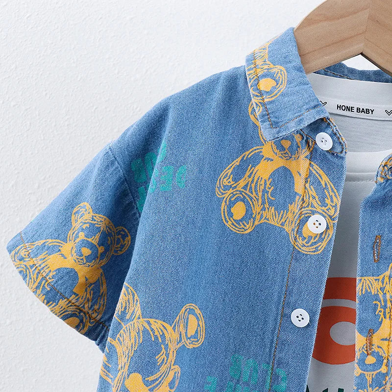 New Summer Boys Denim Clothing Sets Children Fashion Cartoon Bear Coats Shorts 2pcs Tracksuits  Infant Baby Casual Outfits Suits