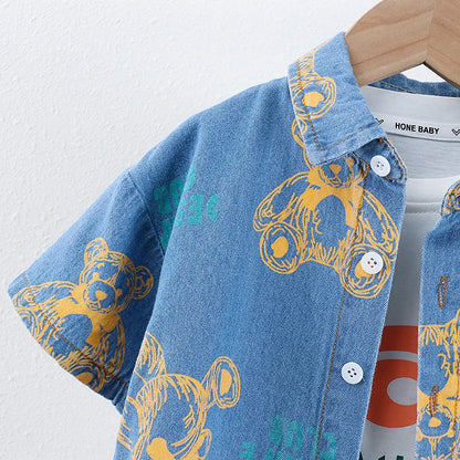 New Summer Boys Denim Clothing Sets Children Fashion Cartoon Bear Coats Shorts 2pcs Tracksuits  Infant Baby Casual Outfits Suits