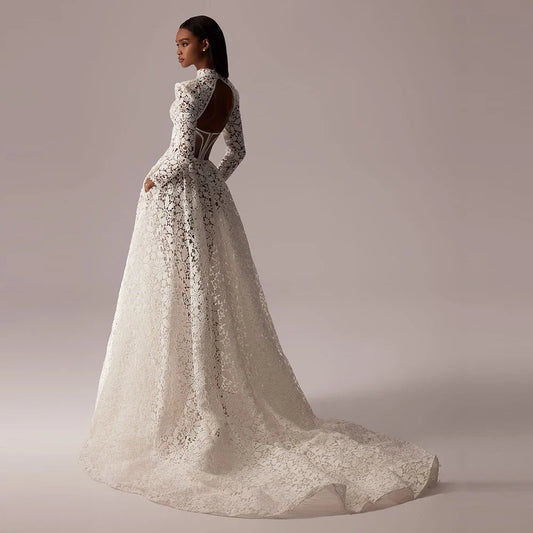 Customized Exquisite Wedding Dresses Lace High Collar Bridal Gown Long Sleeves Wedding Gown Back Out Robe de mariée 2024 Cut Out
