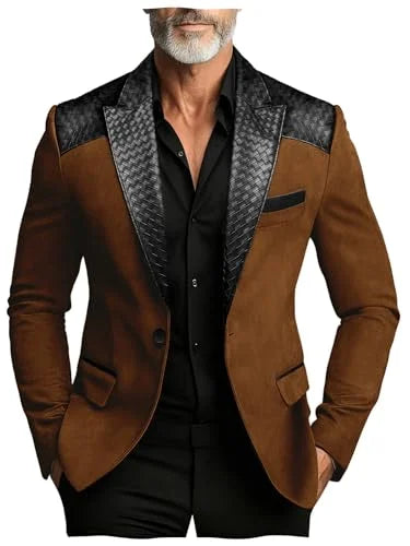 Men's Faux Suede Jacket with PU Leather Collar & Shoulder Two-Tone Blazer Contrast Trim Coat