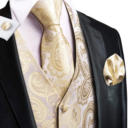 Jacquard Silk Mens Waistcoat Tie Set Sleeveless Jacket Necktie Hanky Cufflinks Suit Gold Blue Black Vest Wedding Business