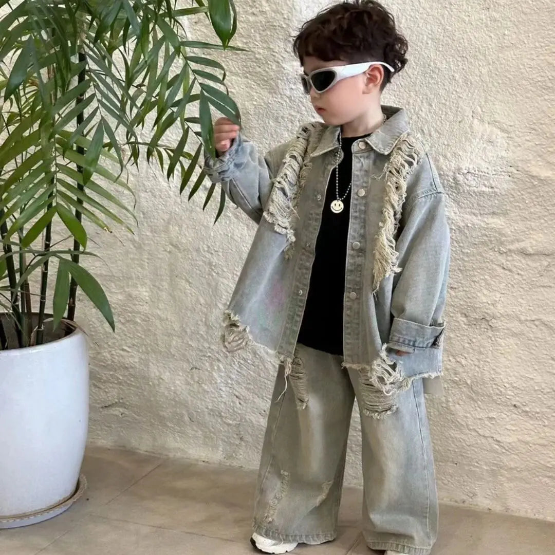2-10Y Boys Spring Autumn Gray Retro Hole 2026 Denim Coat Pant Suit girl American Style New Loose Slimming High Waist Floor Pants
