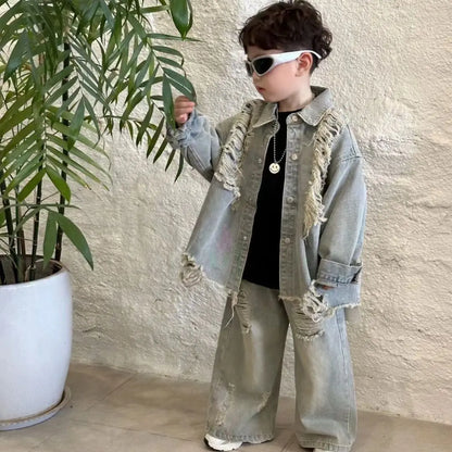 2-10Y Boys Spring Autumn Gray Retro Hole 2026 Denim Coat Pant Suit girl American Style New Loose Slimming High Waist Floor Pants