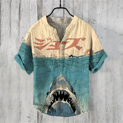 Men's short-sleeved POLO shirt blended linen top Hawaiian vacation great white shark fashion print Comfortable men's clothing