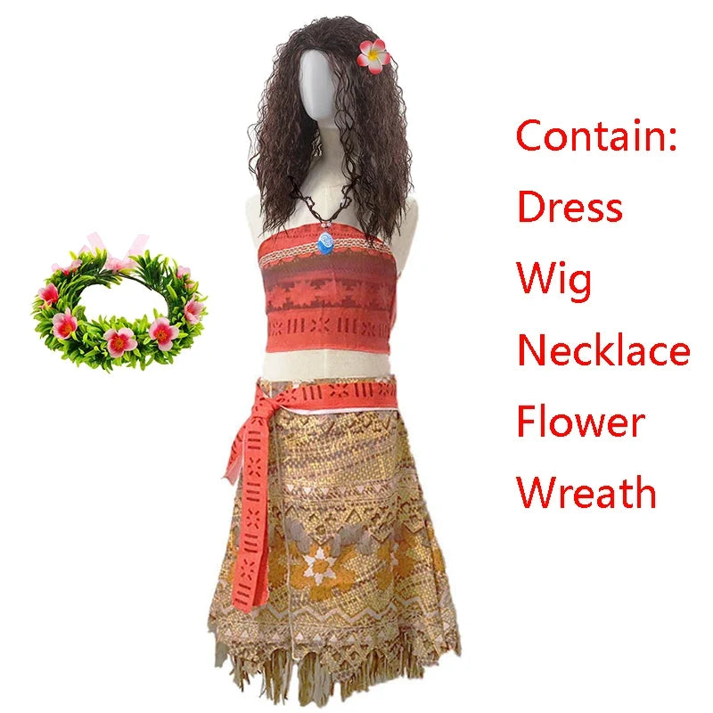 Disney Ocean Adventure Adult Kids Role Playing Vaiana Moana Princess Costume Dress Moana Necklace Pig Girls Mom Party Halloween