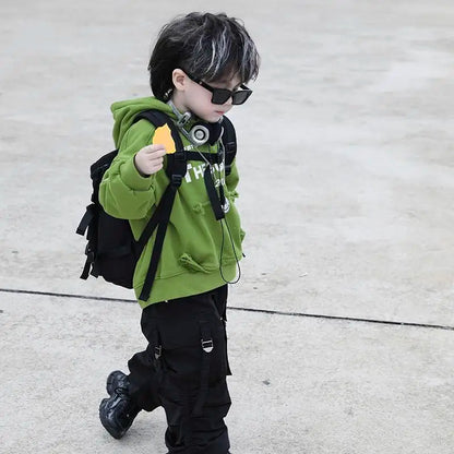 Children's 2026 Spring New Korean Version Boy Fruit Green Pocket Cut Hooded Casual Hoodie Trendy Cool Cargo Pants Two Piece Set