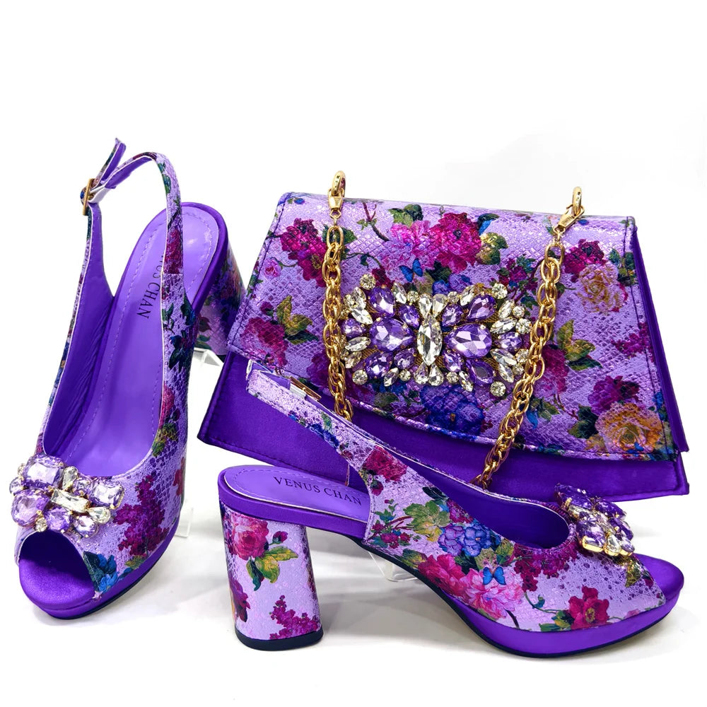 Italian Sandals and Bags Matching Set 2024 Women Heel Party for Gold Colour Wedding Bigger Size Thick Heel Shoes