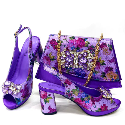 Italian Sandals and Bags Matching Set 2024 Women Heel Party for Gold Colour Wedding Bigger Size Thick Heel Shoes
