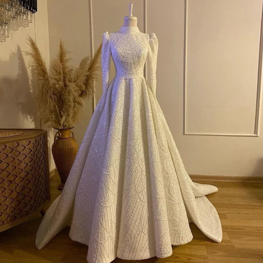 Exquisite Beading Wedding Dress Muslim Bridal Gown High Neck Pearls Sequined A Line Islamic Bride Dresses Robe De Mariage