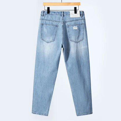Summer Thin Ripped Jeans Mens Straight Breathable Washed Denim Trousers Casual Streetwear Harlen Ankle Length Pants Light Blue