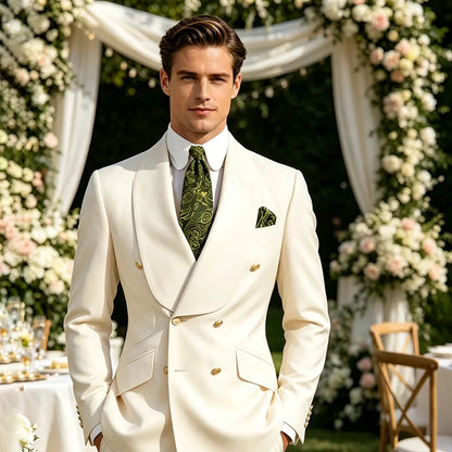 Lvory Shawl Lapel 2 Piece Suit Double Breasted Men's Jacket Pants with Gold Buttons Formal Wedding Groom Attire Prom Tuxedos