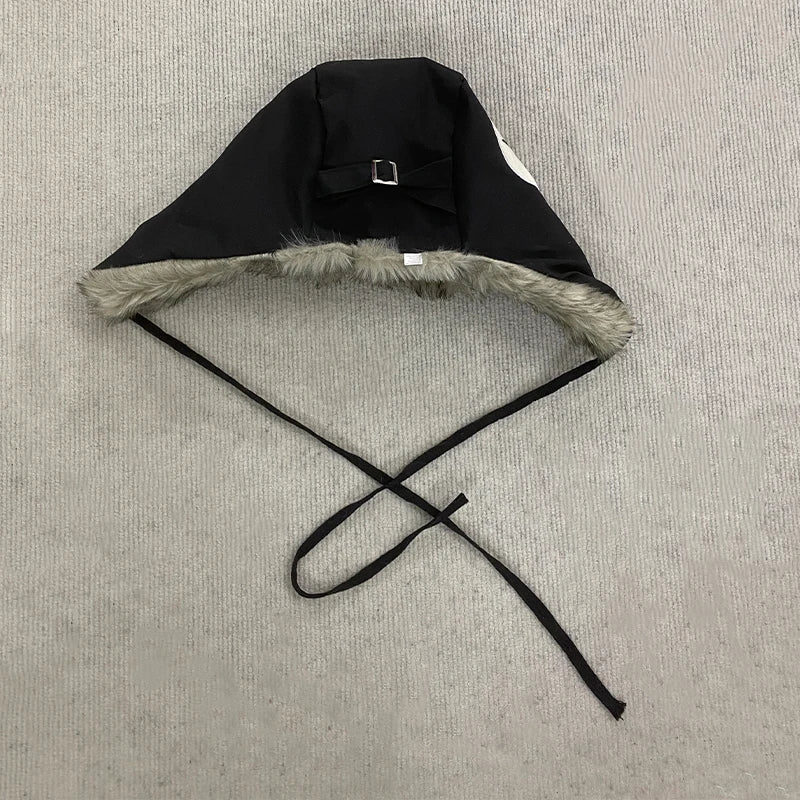 Y2K Star Patch Wool Like Lined Lei Feng Hat Unisex Black Autumn Winter Warm Ear Protection Trapper Hat for Outdoor Activities